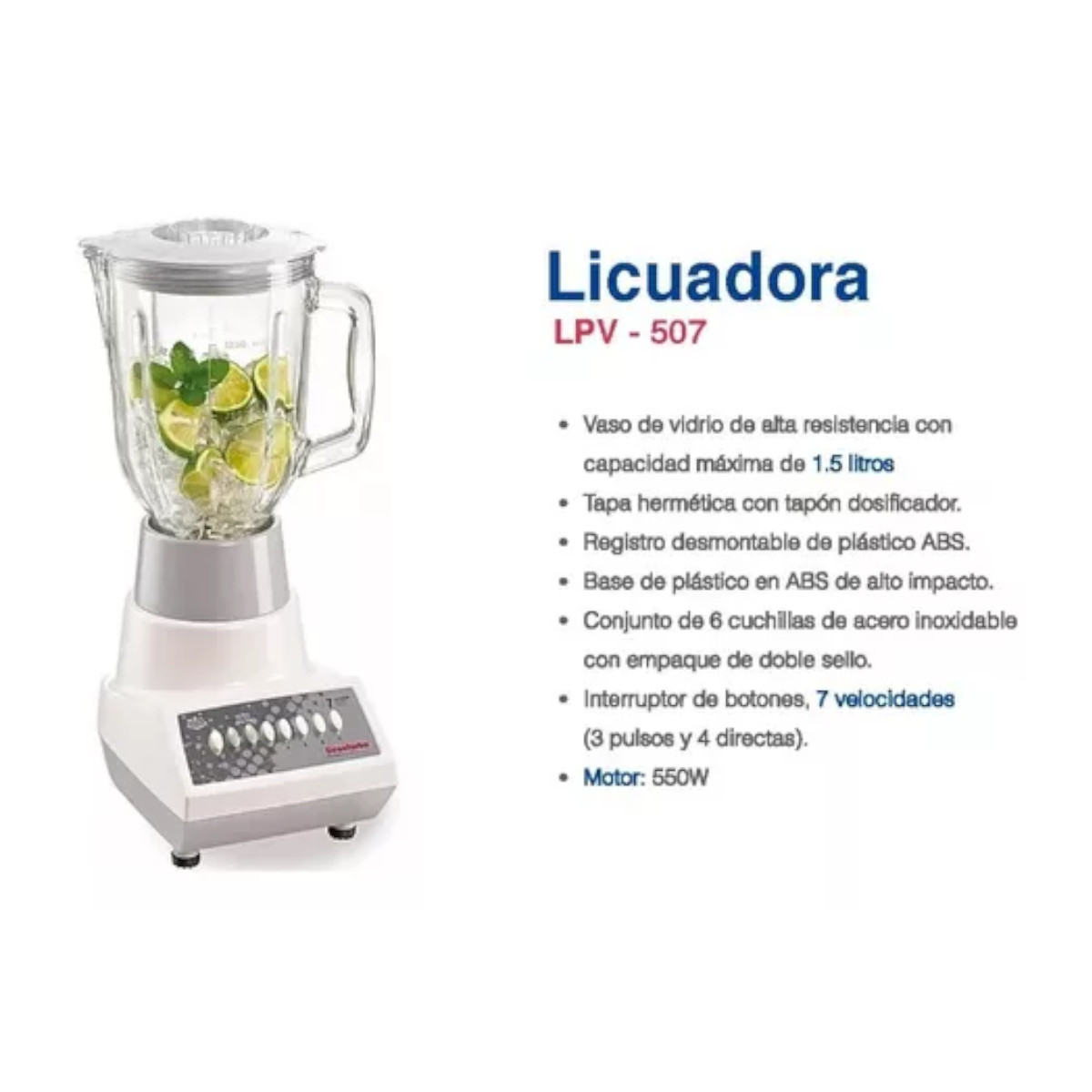 Licuadora MAN LPV-507 vaso Vidrio 1.5 Lt. 7 velocidades.