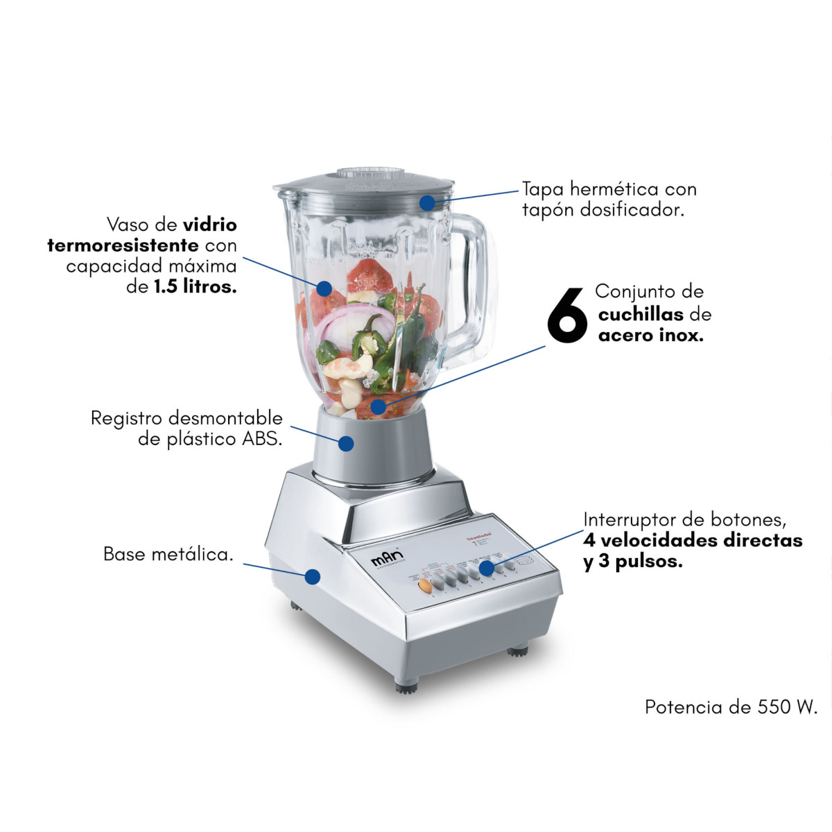 Licuadora MAN LMV-9090 vaso Vidrio 1.5 Lt. 7 vel. 550W base metálica.