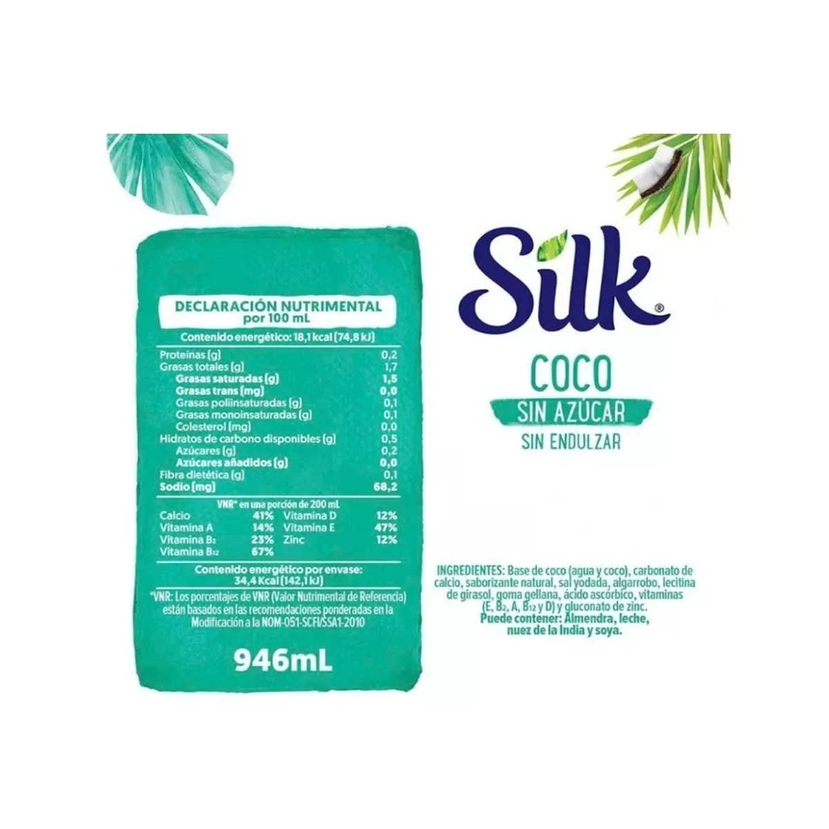 Silk Leche de Coco sin Azúcar 3 Piezas de 946 ml c/u