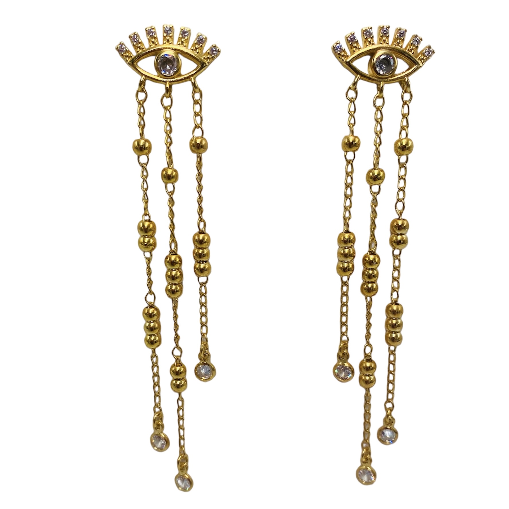 Aretes Ojo Griego con Cadenitas- Baño de oro 18k- aretes dorados- ojo turco