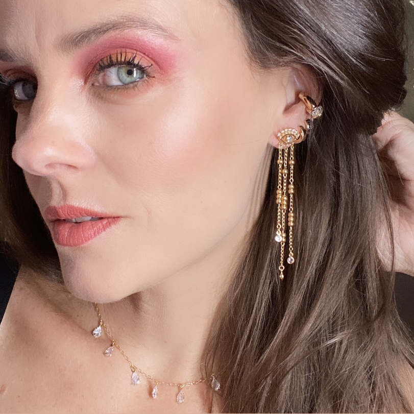 Aretes Ojo Griego con Cadenitas- Baño de oro 18k- aretes dorados- ojo turco