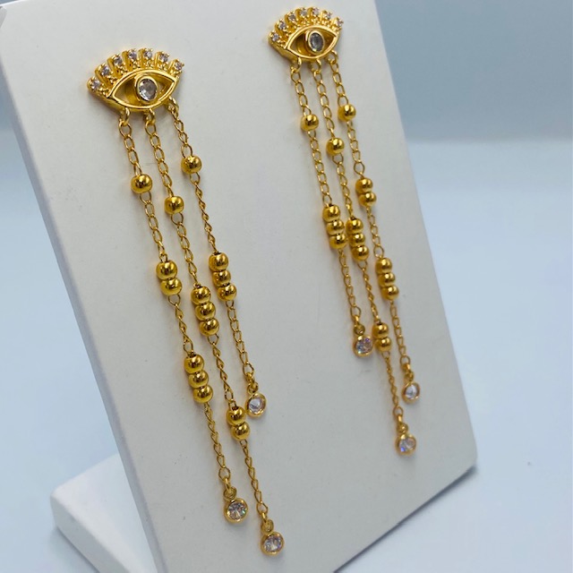 Aretes Ojo Griego con Cadenitas- Baño de oro 18k- aretes dorados- ojo turco