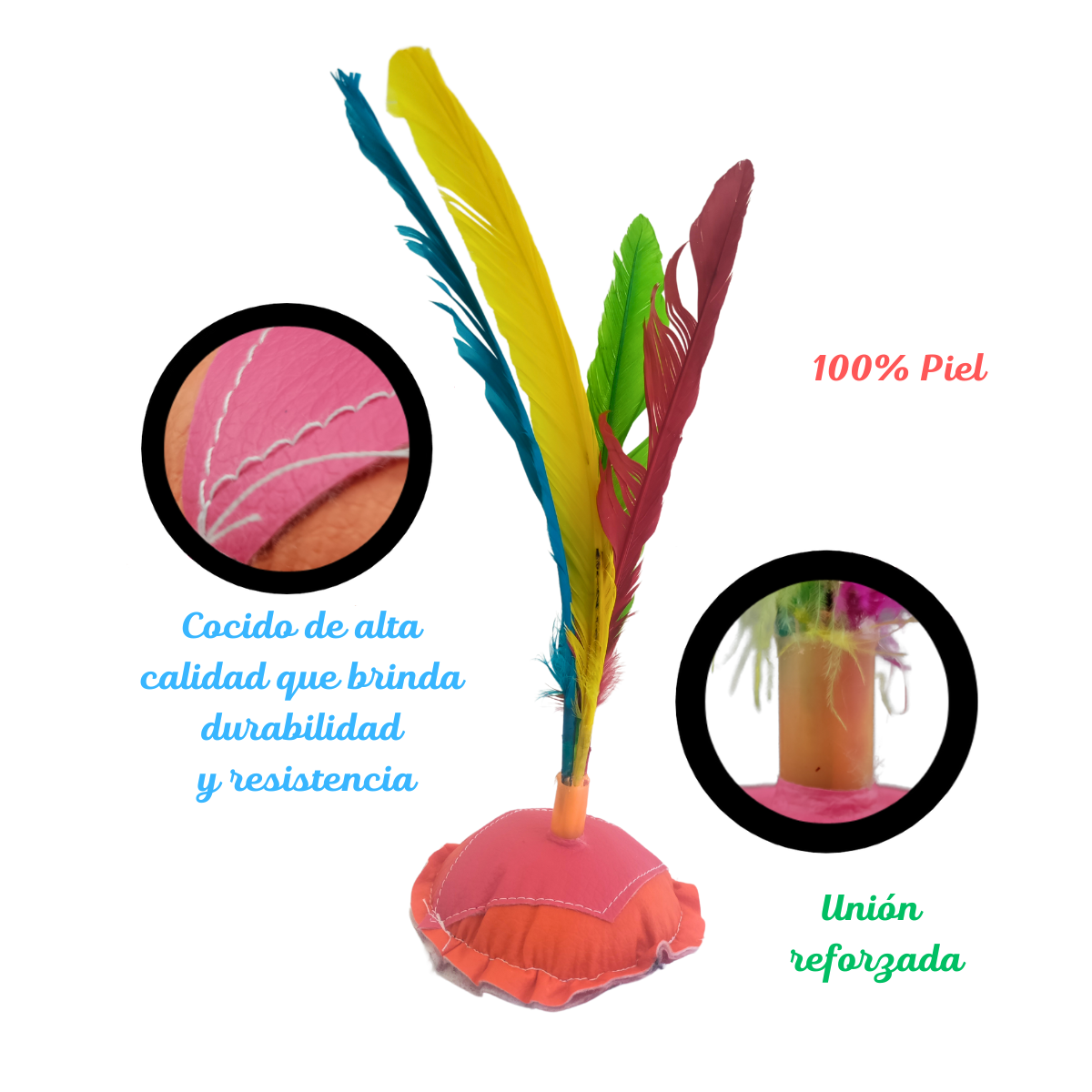 Juego Peteca Indiaca Artesanal Mexicana 24cm Plumas Colores Gallito Tradicional