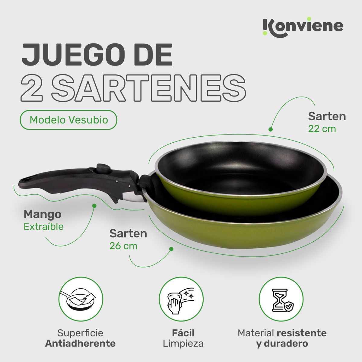 x2 Sarten Antiadherente - Bateria de Cocina KONVIENE SIEMPRE - Accesorios