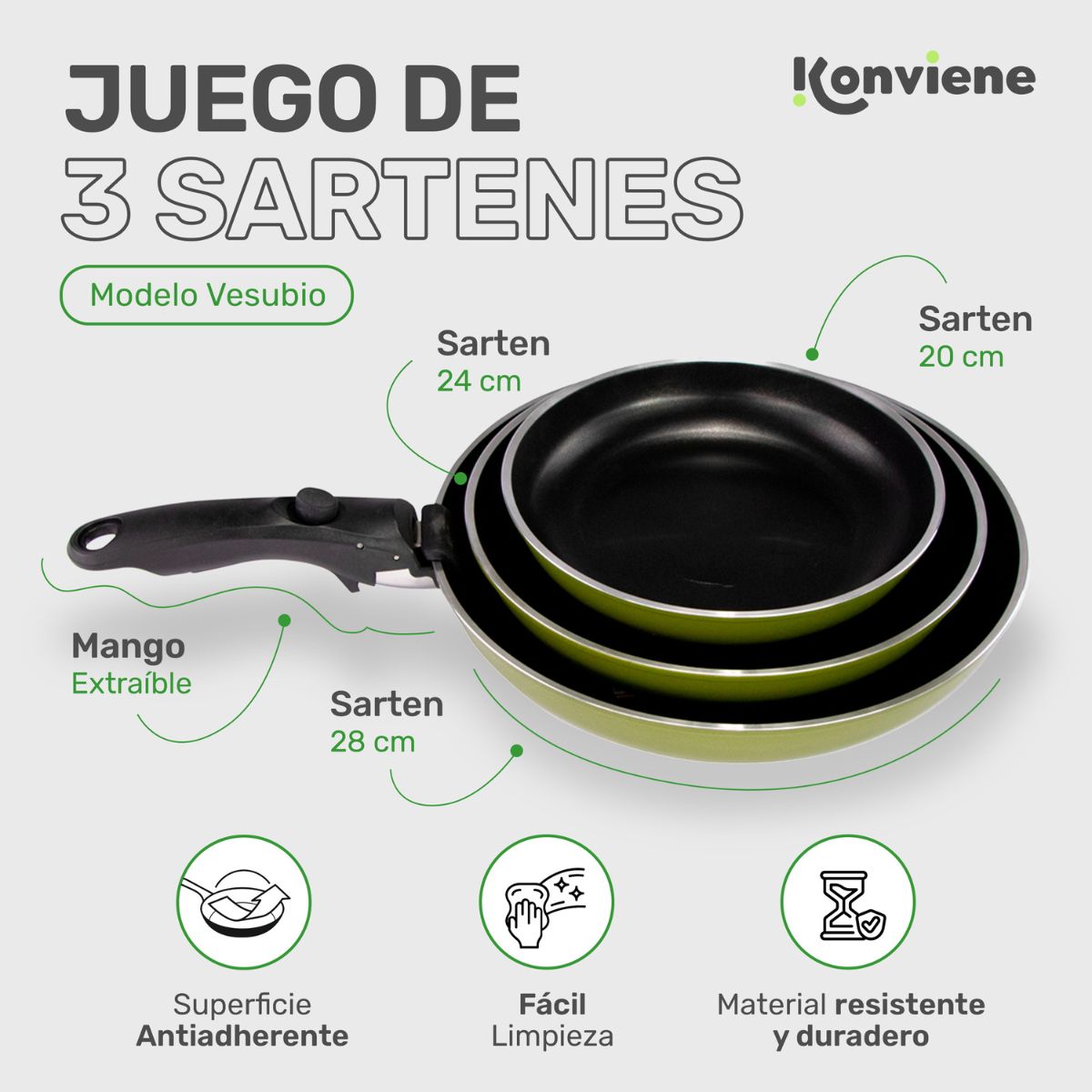 x3 Sarten Antiadherente - Bateria de Cocina - KONVIENE SIEMPRE - Accesorios