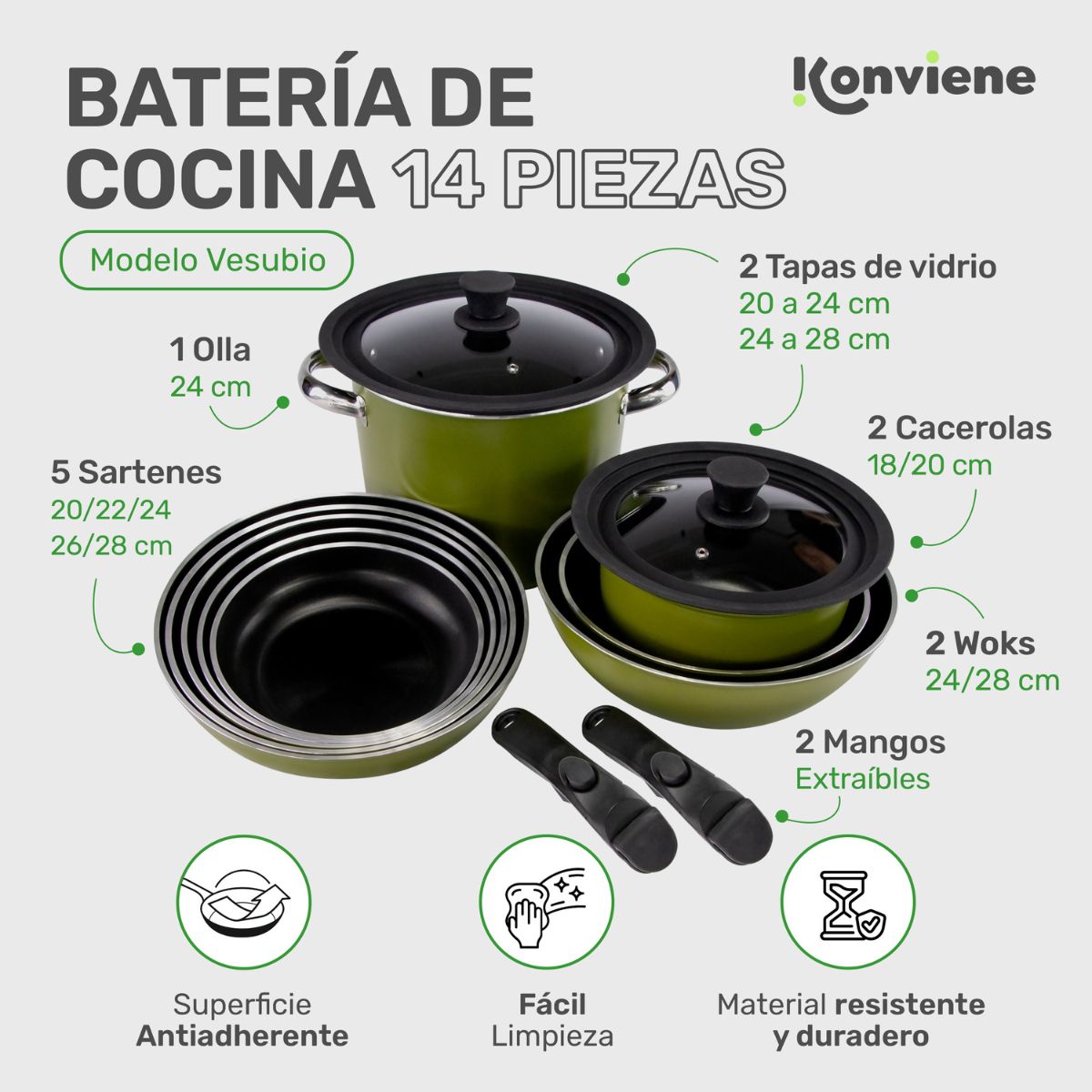14 Piezas Bateria de Cocina - Accesorios de Hogar & Cocina - KONVIENE SIEMPRE