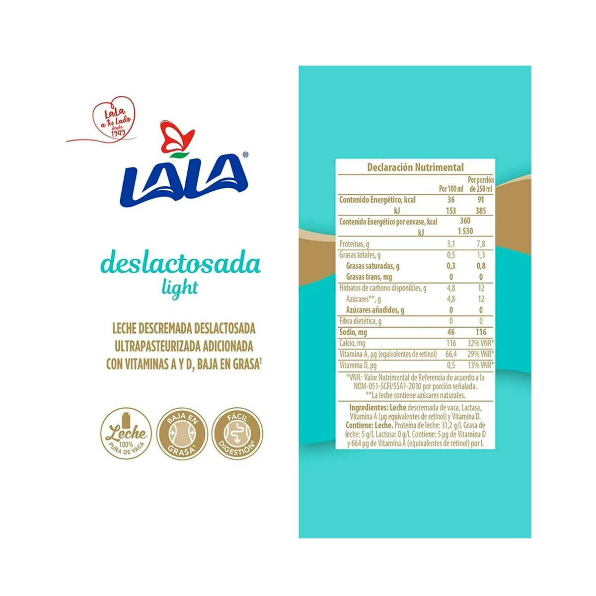 Leche Lala Deslactosada Light Caja con 12 Piezas de 1 litro c/u