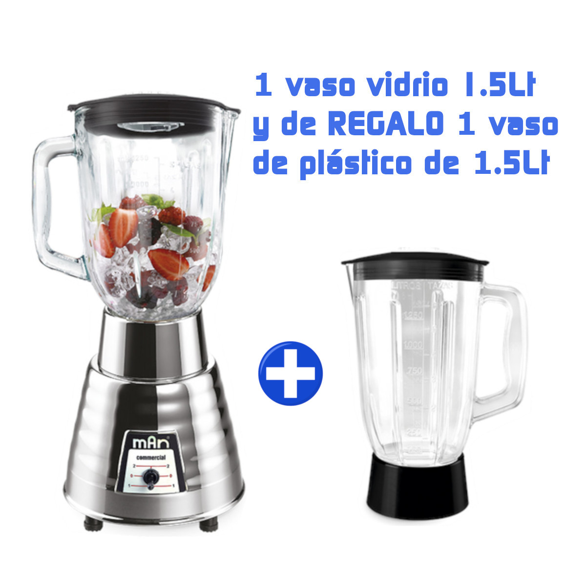 Licuadora MAN LMV-2025 vaso Vidrio 1.5 Lt. 2 vel. 700W + vaso plástico.
