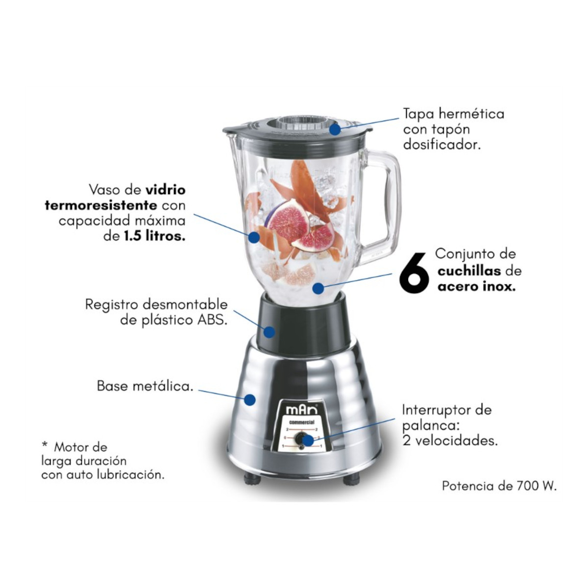 Licuadora MAN LMV-2025 vaso Vidrio 1.5 Lt. 2 vel. 700W + vaso plástico.