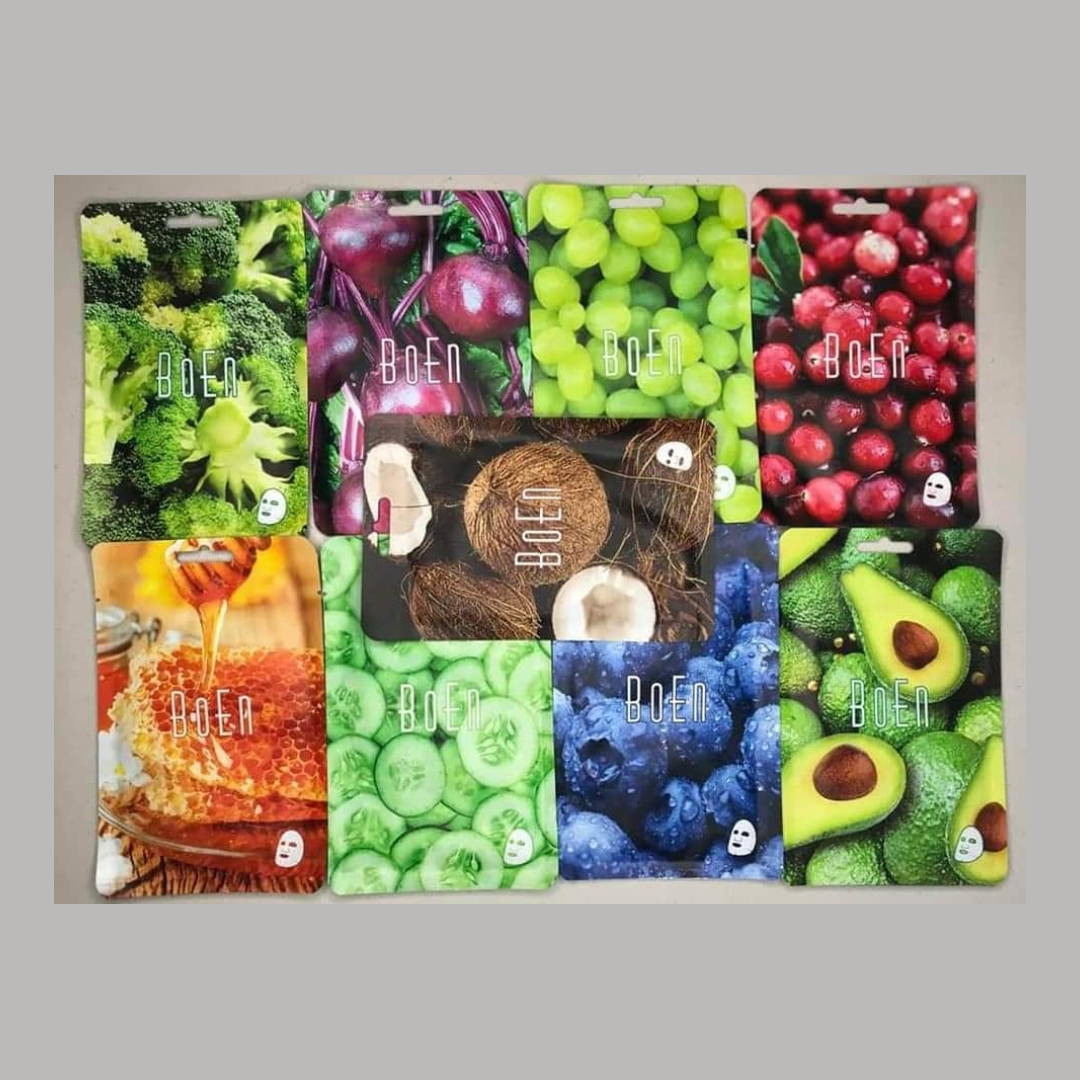 Mascarillas Faciales de Tela Surtido Boen Paq 10 piezas Frutales.