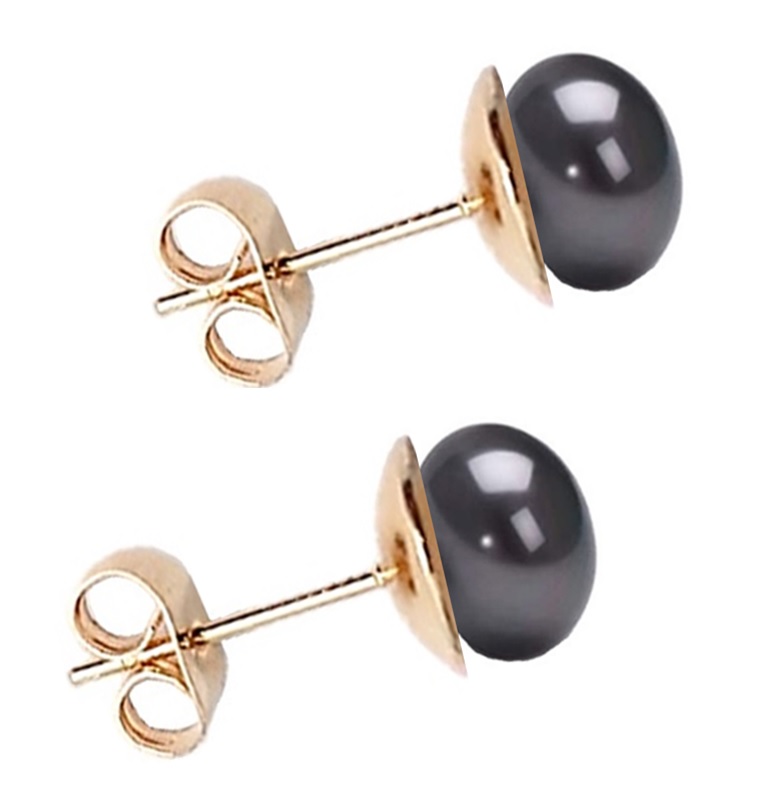 Aretes Perla Cultivada Negra y Chapa Oro  A 080