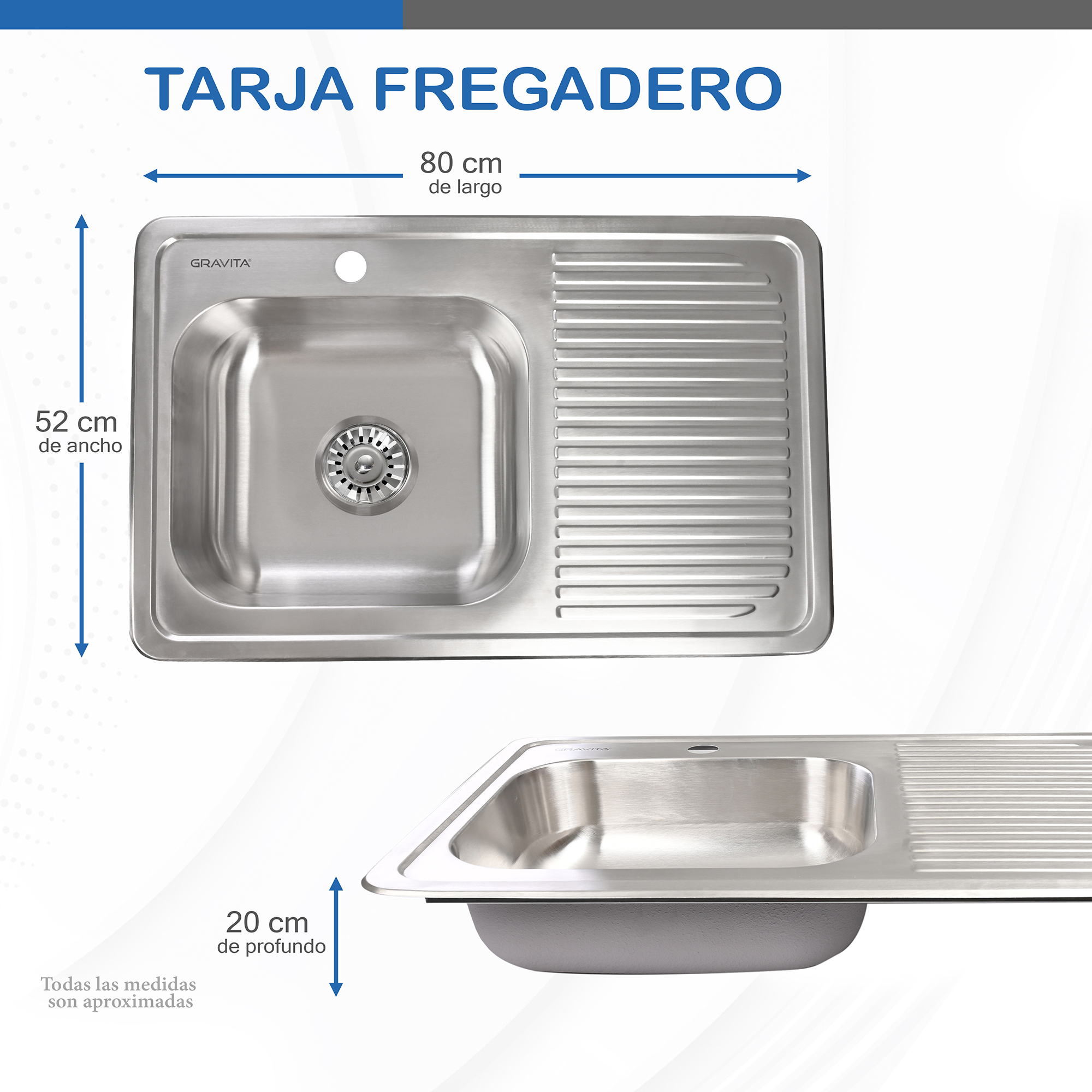 Tarja fregadero de sobreponer con escurridor y contra canasta marca Gravita