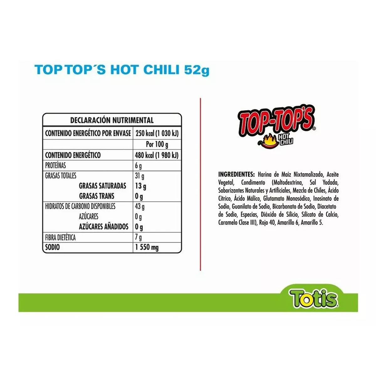 Botana Top Tops Hot Chili 6 Piezas de 52 gramos c/u