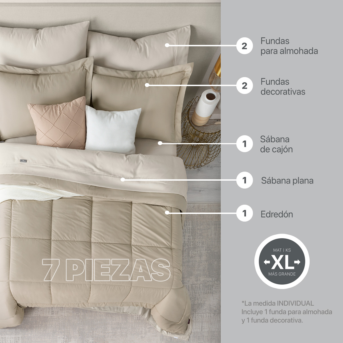 Set Edredón King Size Xl con Fundas y Sábanas 7 Pzas Khaki / Beige Real Textil.