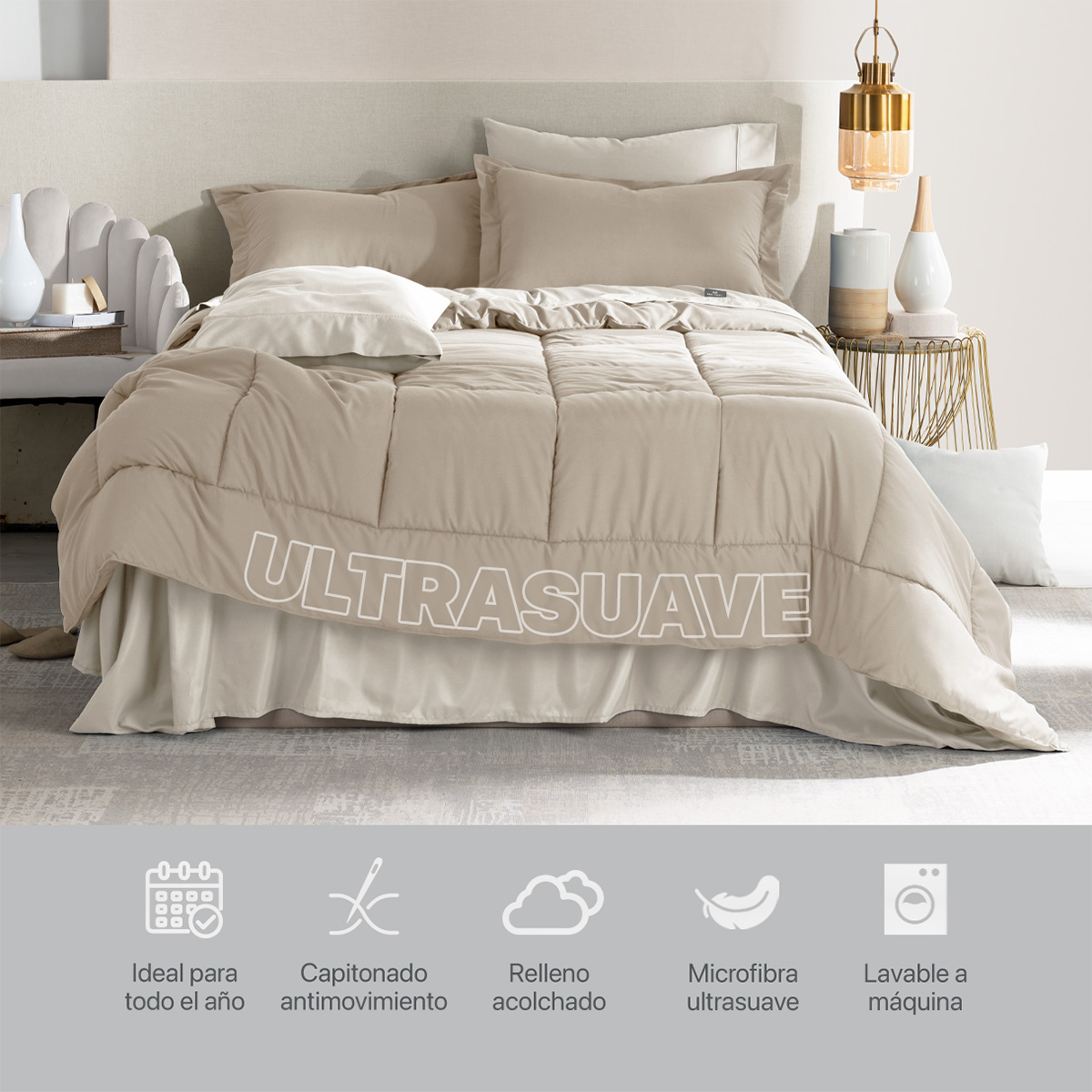 Set Edredón King Size Xl con Fundas y Sábanas 7 Pzas Khaki / Beige Real Textil.
