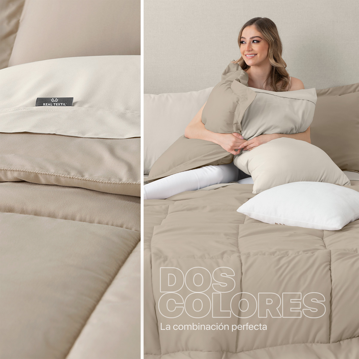Set Edredón King Size Xl con Fundas y Sábanas 7 Pzas Khaki / Beige Real Textil.