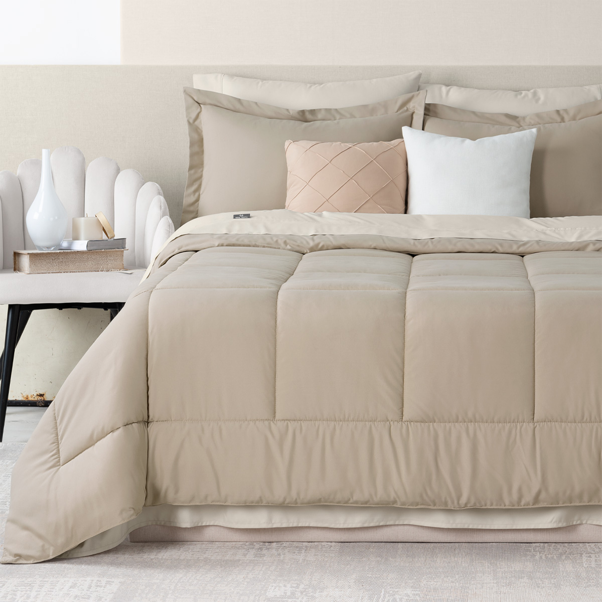 Set Edredón King Size con Fundas y Sábanas 7 Pzas Khaki / Beige Real Textil.