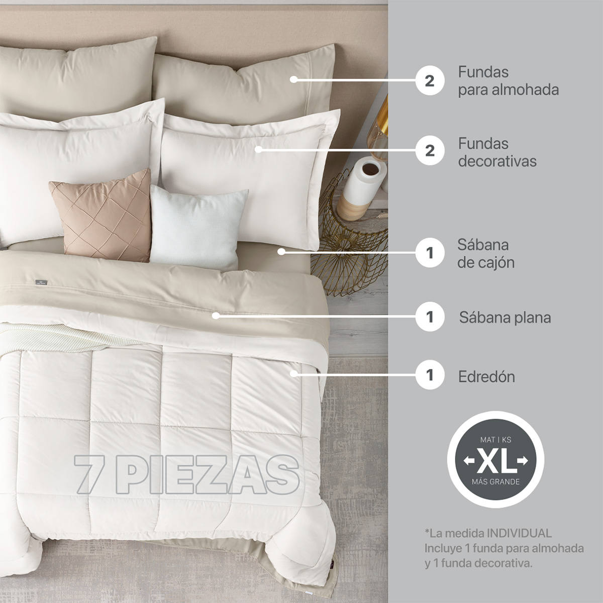 Set Edredón Matrimonial con Fundas y Sábanas 7 Pzas Blanco / Beige Real Textil.