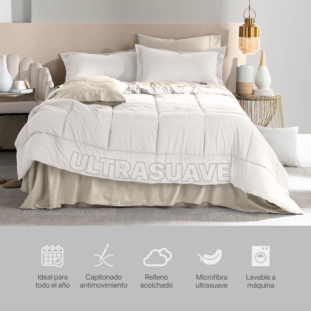 Set Edredón Matrimonial con Fundas y Sábanas 7 Pzas Blanco / Beige Real Textil.