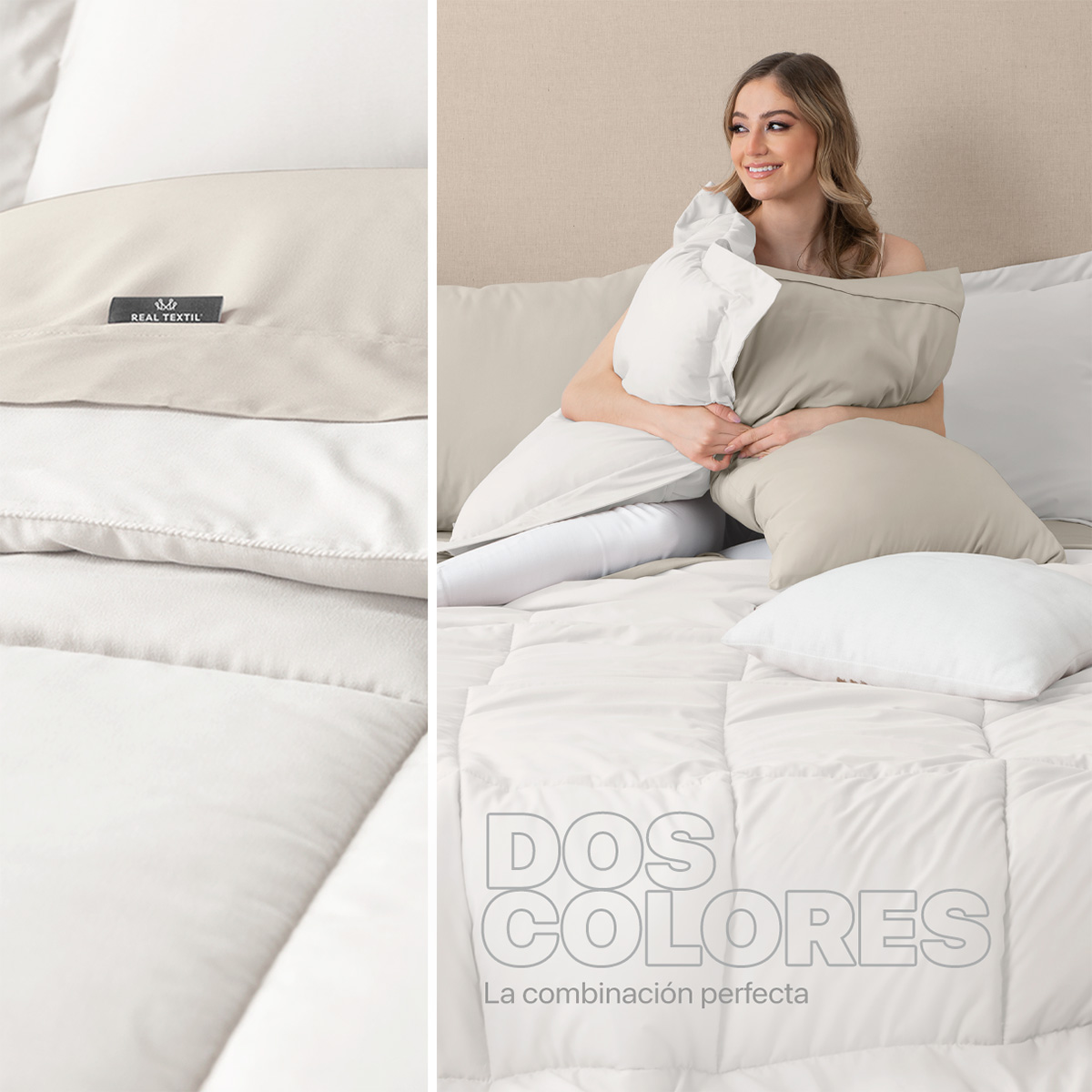 Set Edredón Matrimonial con Fundas y Sábanas 7 Pzas Blanco / Beige Real Textil.