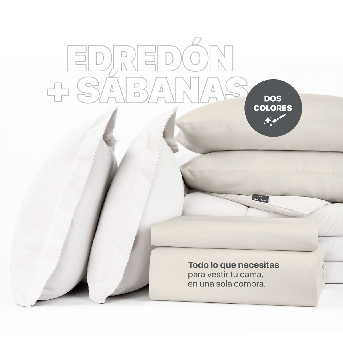 Set Edredón Matrimonial Xl con Fundas y Sábanas 7 Pzas Blanco / Beige Real Textil