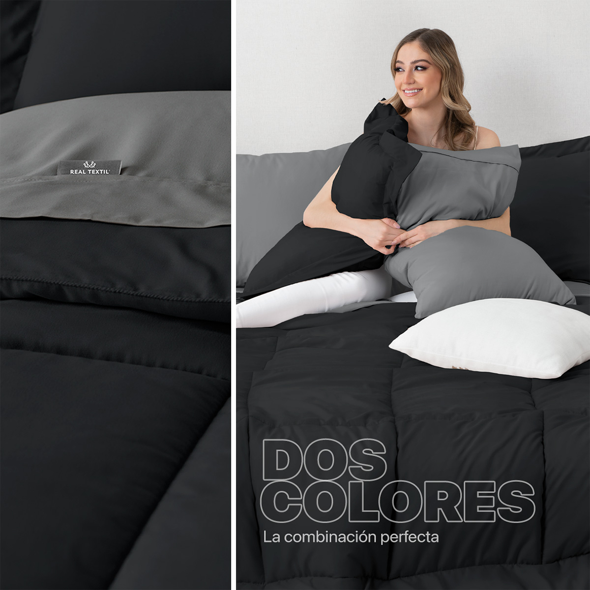 Set Edredón Queen Size con Fundas y Sábanas 7 Pzas Negro / Gris Real Textil.