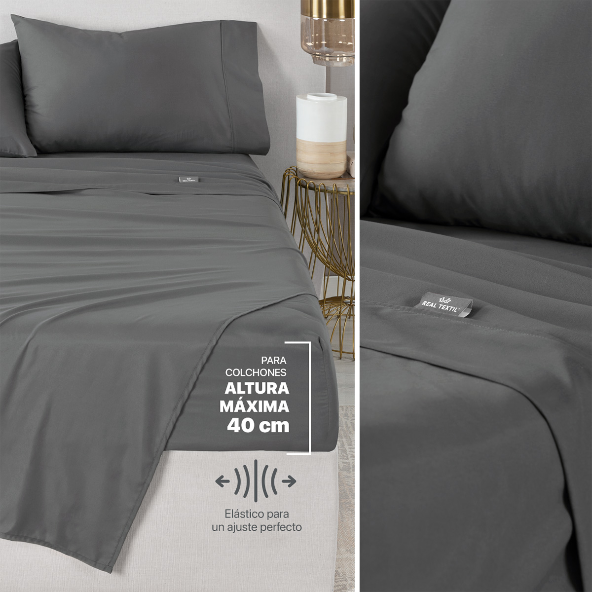 Set Edredón King Size con Fundas y Sábanas 7 Pzas Negro / Gris Real Textil.