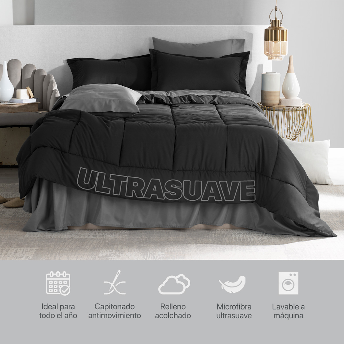 Set Edredón King Size con Fundas y Sábanas 7 Pzas Negro / Gris Real Textil.