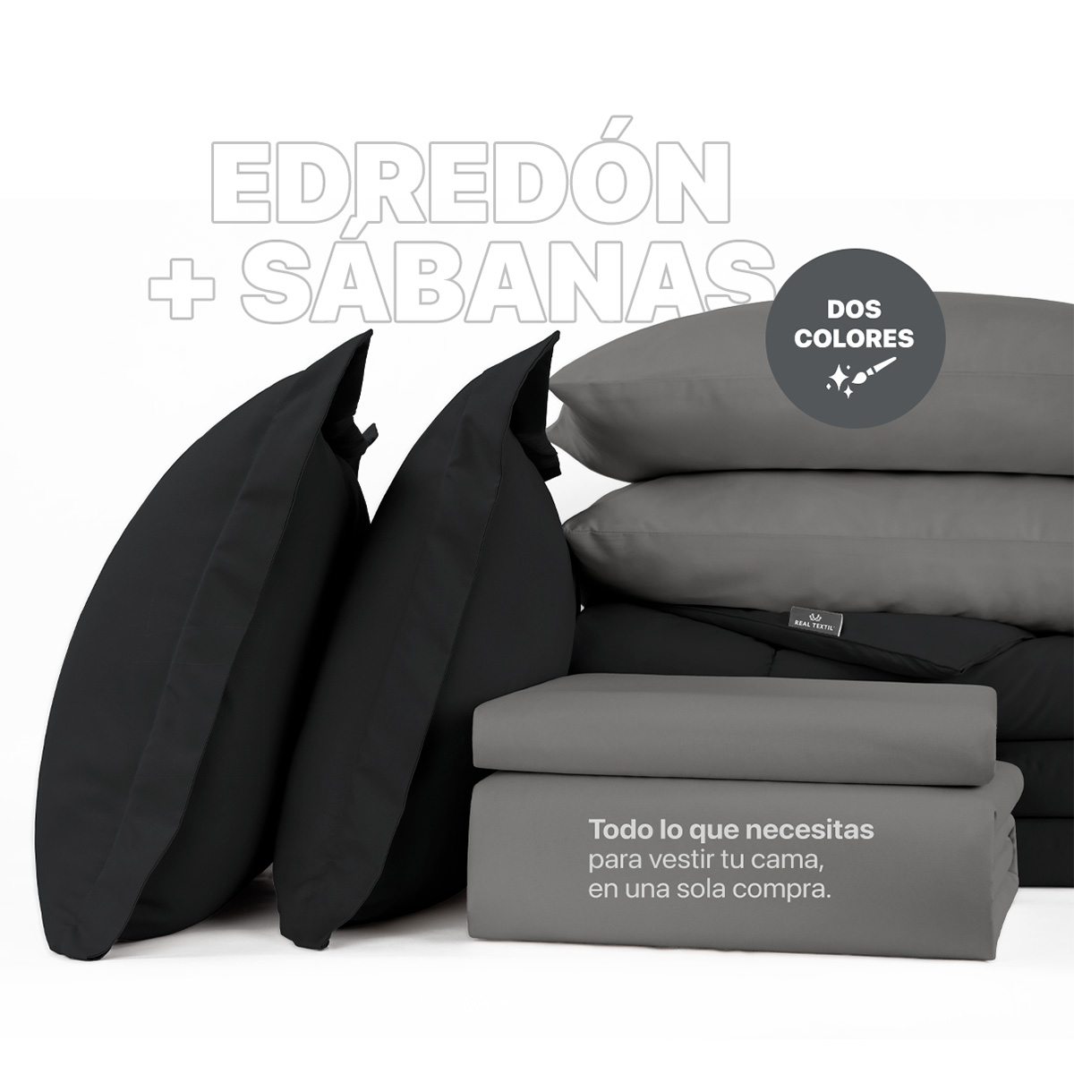 Set Edredón King Size con Fundas y Sábanas 7 Pzas Negro / Gris Real Textil.