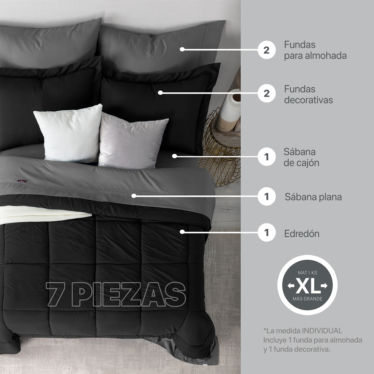 Set Edredón Matrimonial Xl con Fundas y Sábanas 7 Pzas Negro / Gris Real Textil.