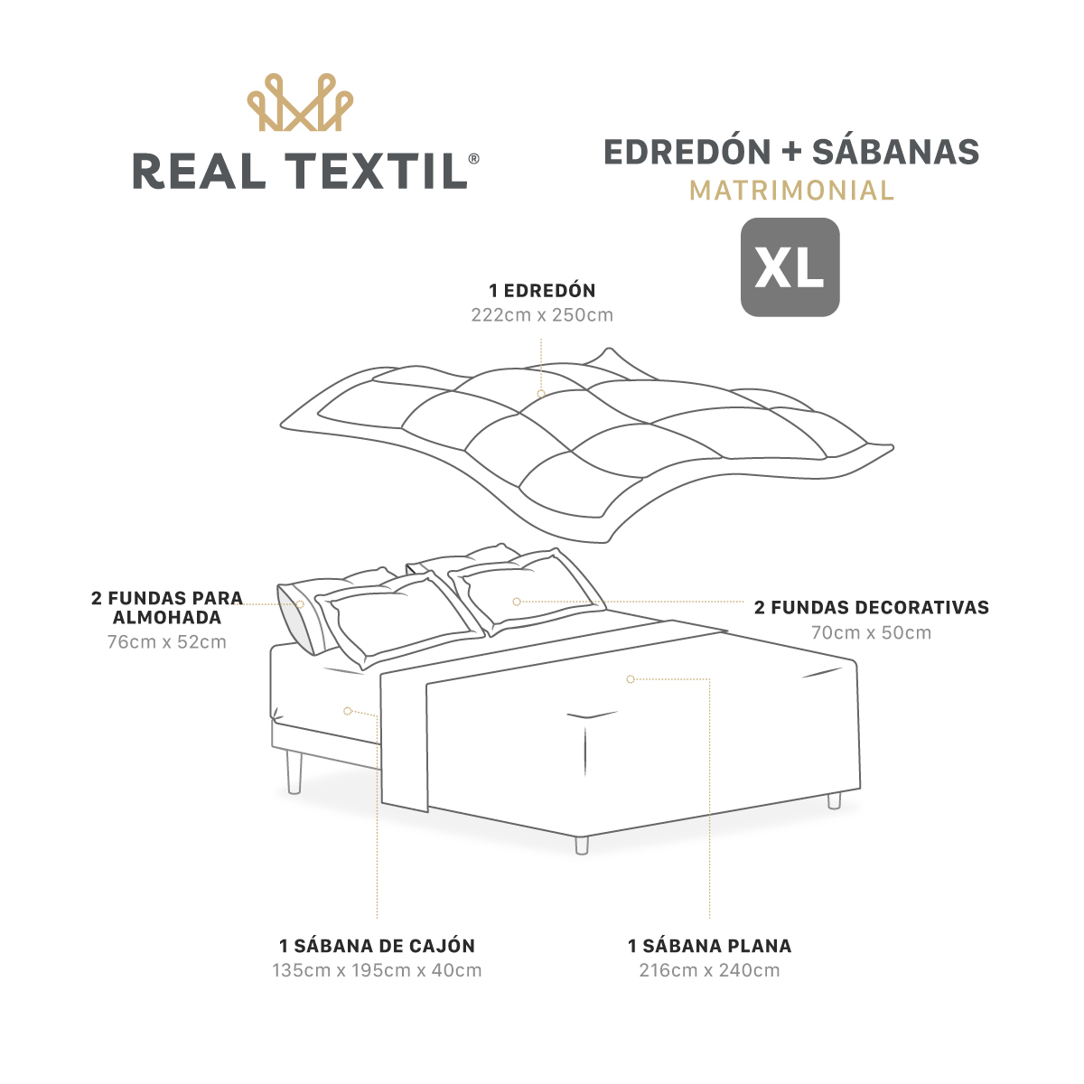 Set Edredón Matrimonial Xl con Fundas y Sábanas 7 Pzas Negro / Gris Real Textil.