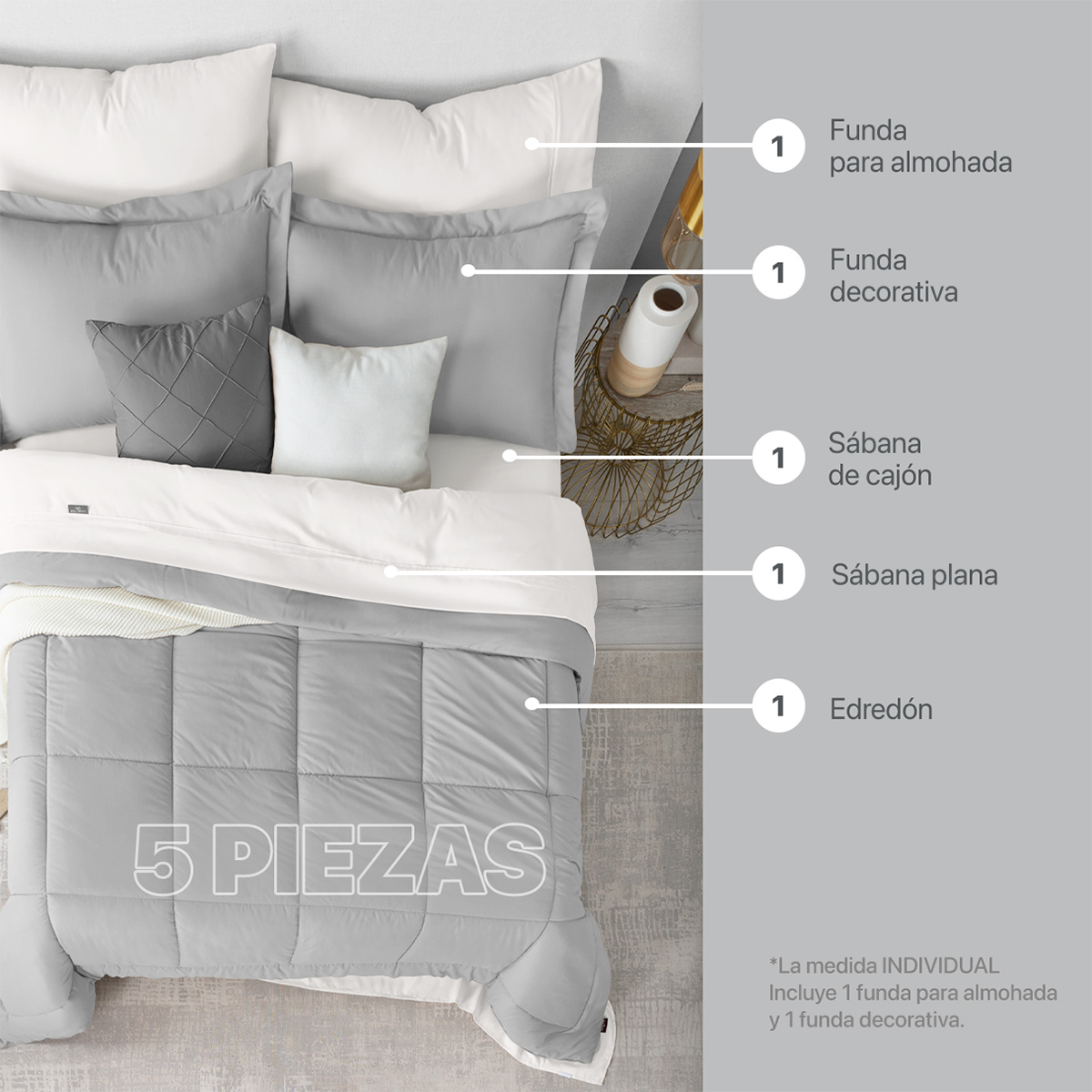 Set Edredón Individual con Fundas y Sábanas 5 Pzas Gris / Blanco Real Textil.