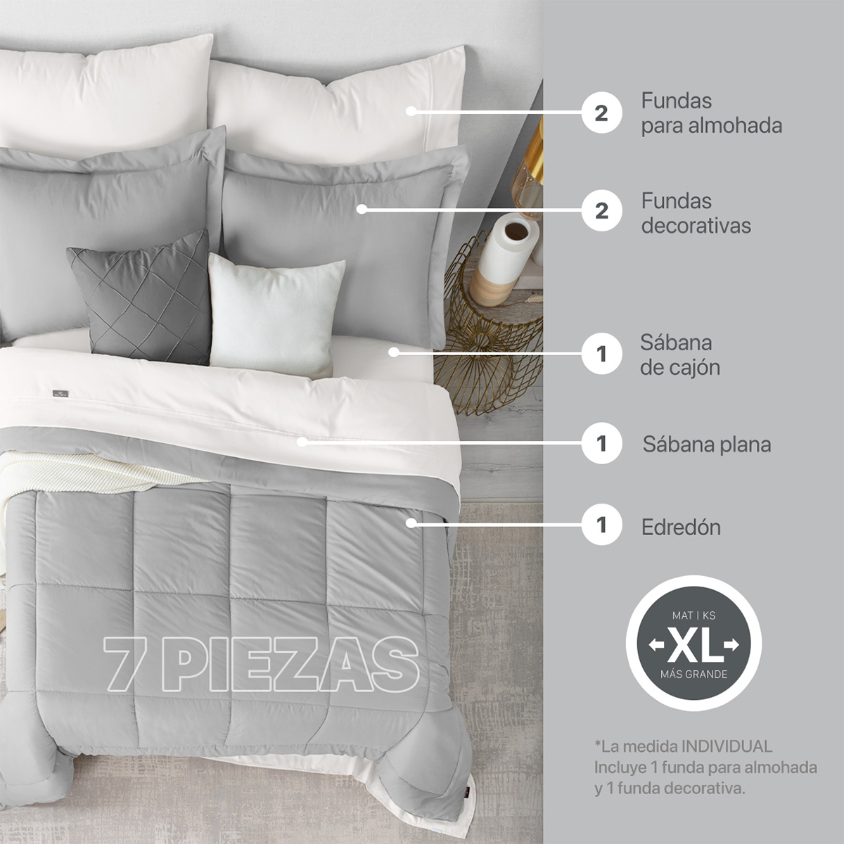 Set Edredón Queen Size con Fundas y Sábanas 7 Pzas Gris / Blanco Real Textil.