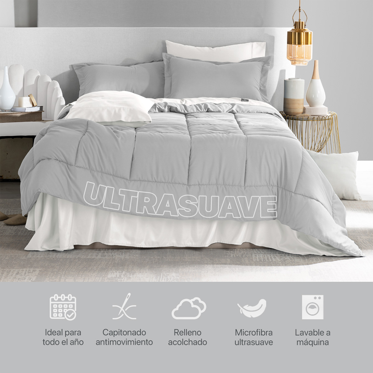 Set Edredón Queen Size con Fundas y Sábanas 7 Pzas Gris / Blanco Real Textil.