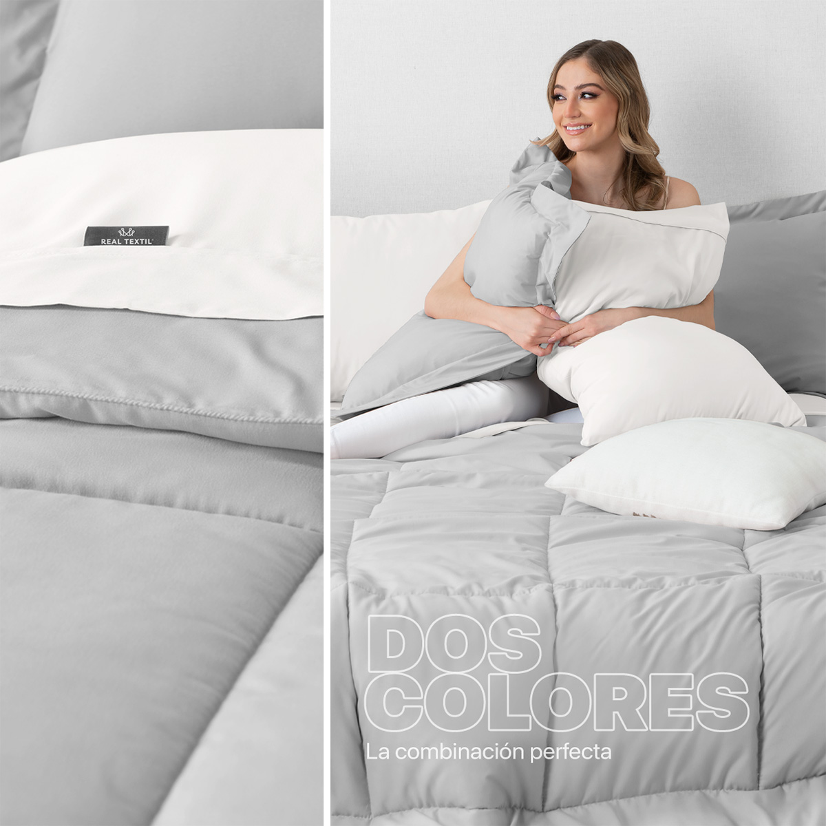 Set Edredón Queen Size con Fundas y Sábanas 7 Pzas Gris / Blanco Real Textil.