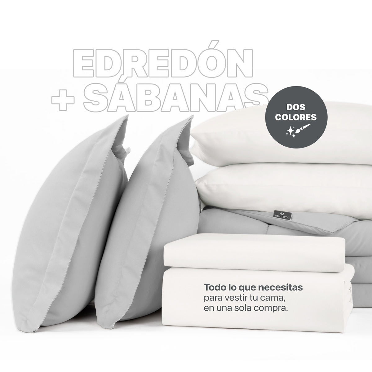 Set Edredón Queen Size con Fundas y Sábanas 7 Pzas Gris / Blanco Real Textil.