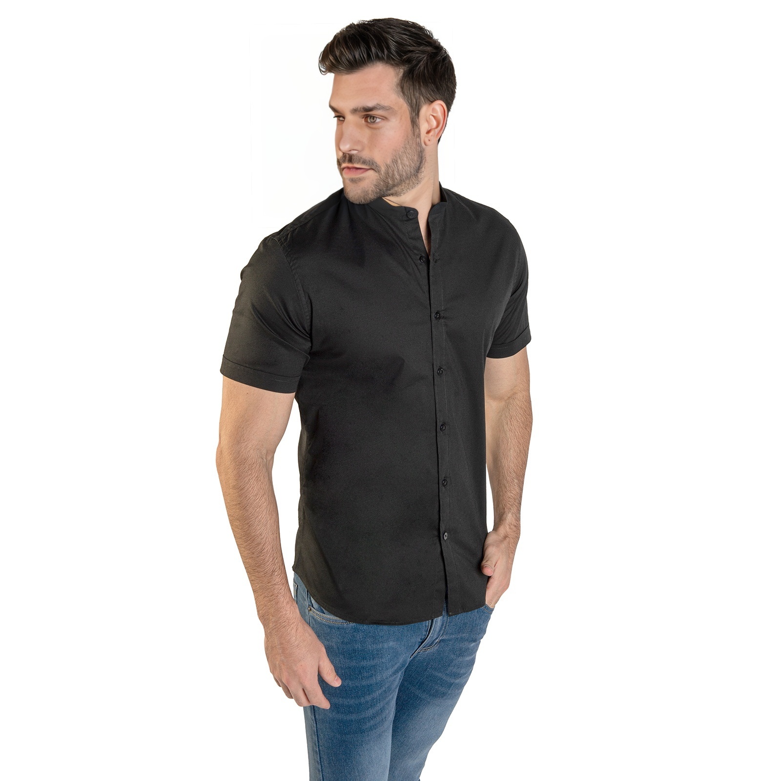 Camisa Manga Corta Para Hombre Cuello Mao Color Negro