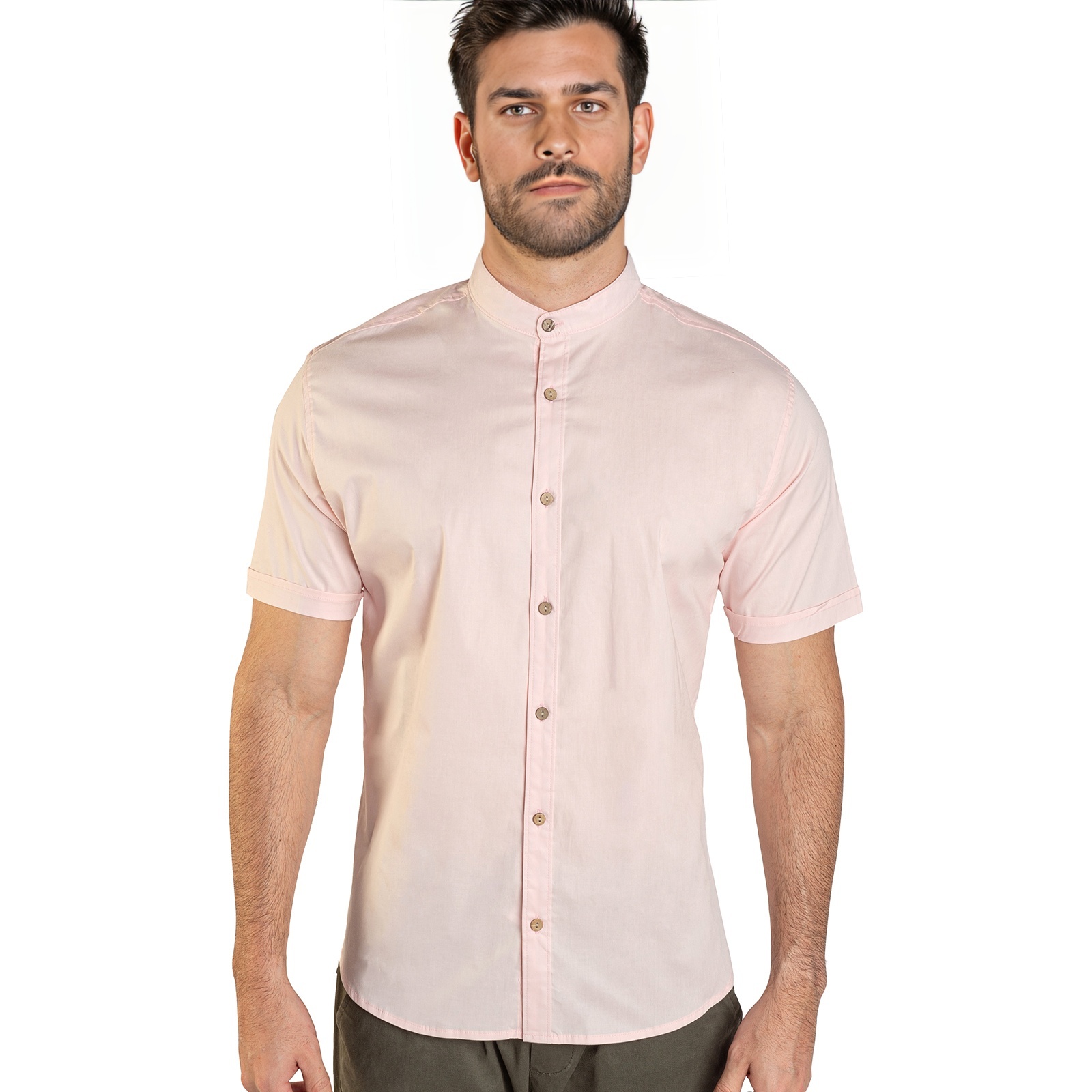 Camisa Manga Corta Para Hombre Cuello Mao Color Rosa