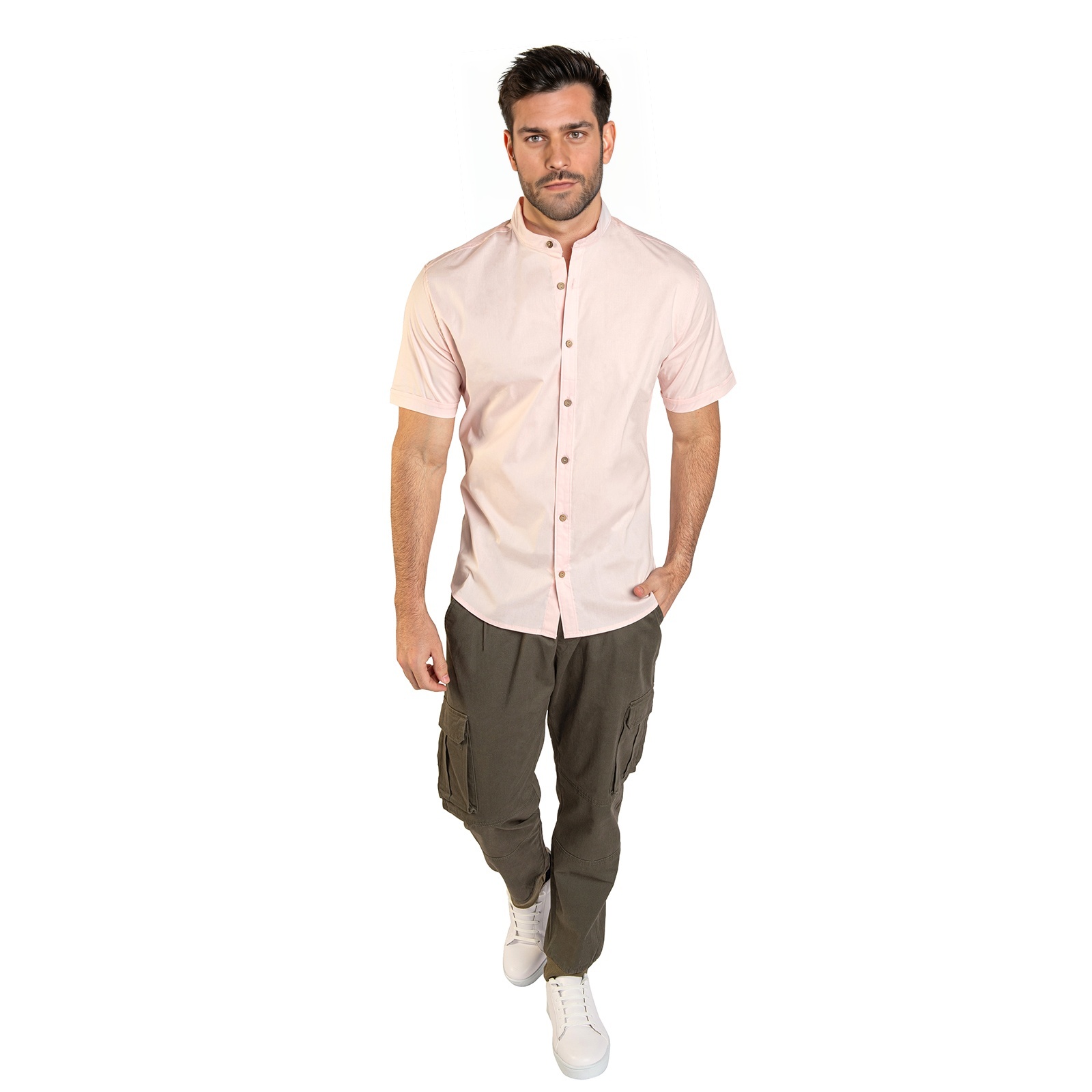 Camisa Manga Corta Para Hombre Cuello Mao Color Rosa