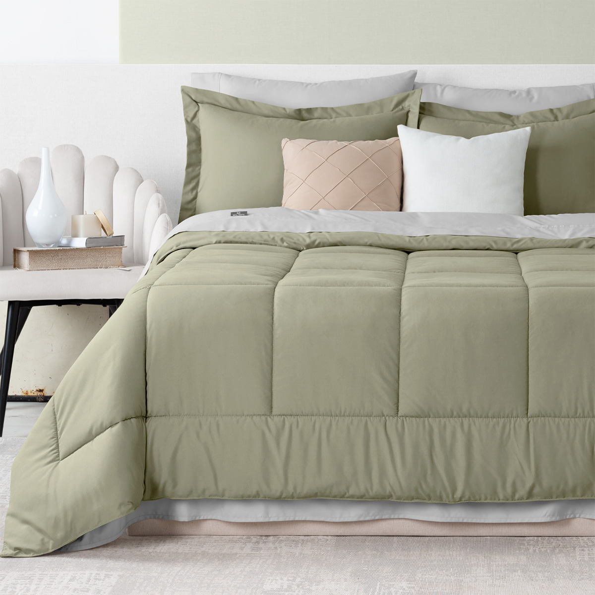 Set Edredón Queen Size con Fundas y Sábanas 7 Pzas Verde / Gris Real Textil.