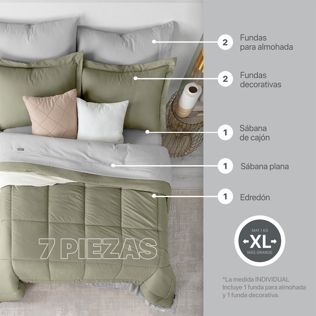 Set Edredón Queen Size con Fundas y Sábanas 7 Pzas Verde / Gris Real Textil.