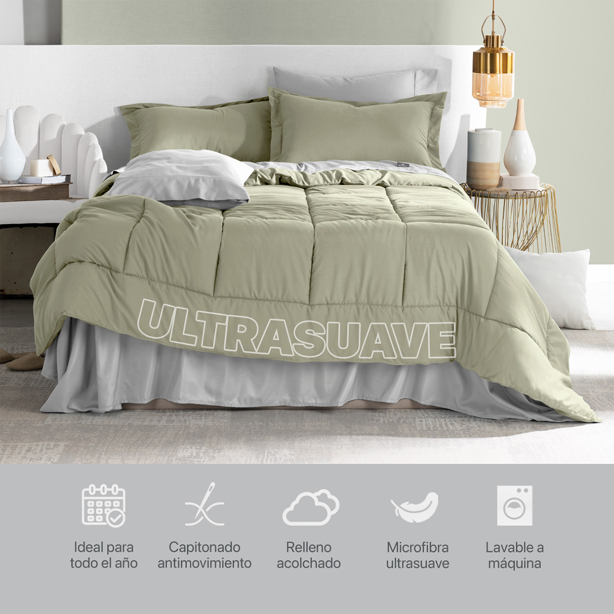 Set Edredón Queen Size con Fundas y Sábanas 7 Pzas Verde / Gris Real Textil.