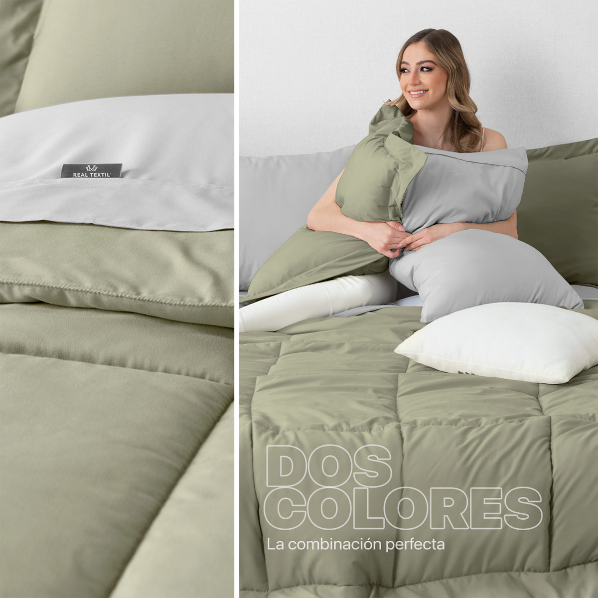 Set Edredón Queen Size con Fundas y Sábanas 7 Pzas Verde / Gris Real Textil.