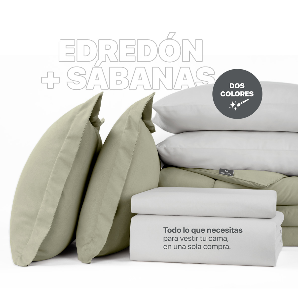 Set Edredón Queen Size con Fundas y Sábanas 7 Pzas Verde / Gris Real Textil.
