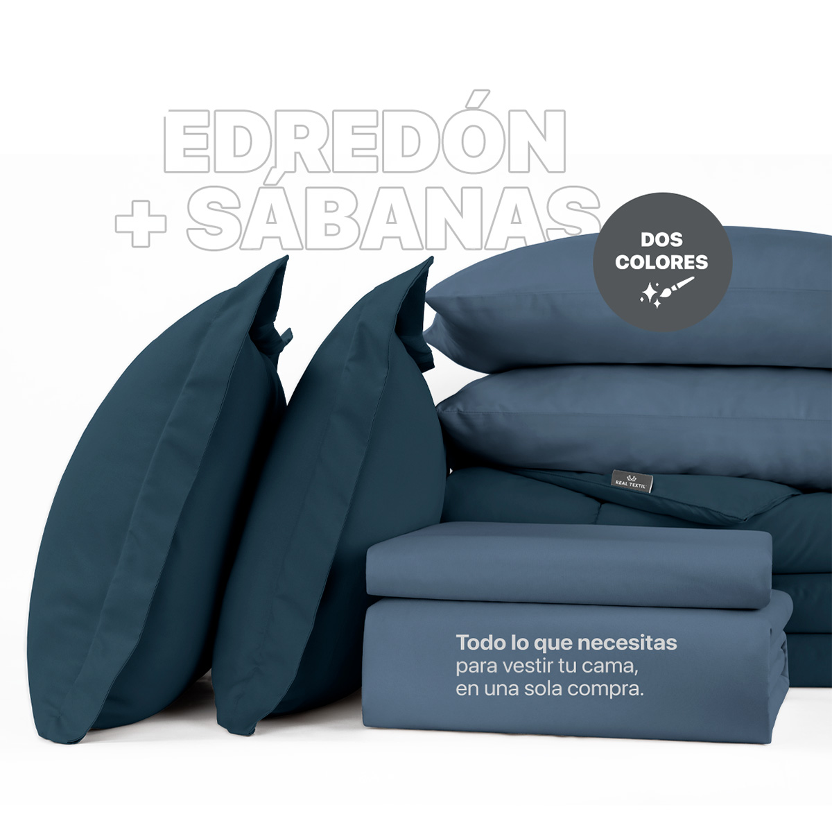 Set Edredón Individual con Fundas y Sábanas 5 Pzas Azul Marino / Azul Índigo Real Textil.
