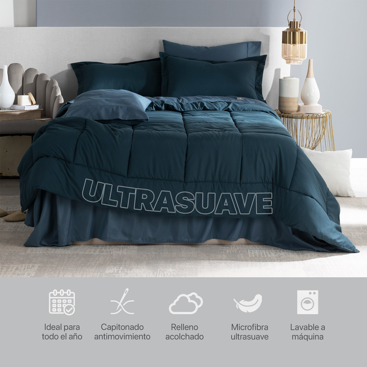 Set Edredón Matrimonial con Fundas y Sábanas 7 Pzas Azul Marino / Azul Índigo Real Textil.