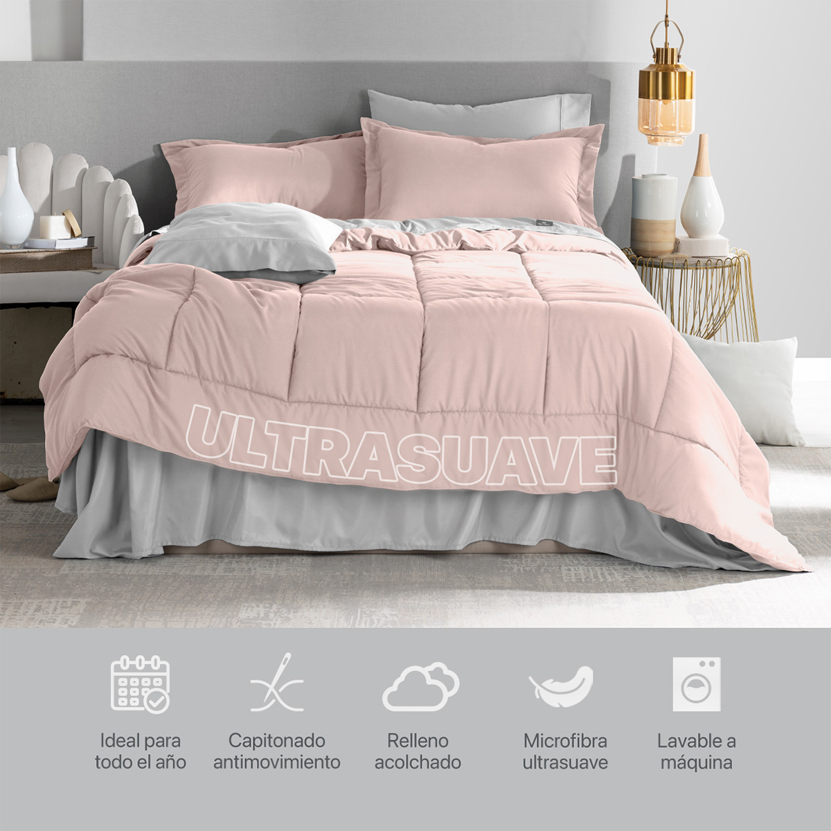 Set Edredón Individual con Fundas y Sábanas 5 Pzas Rosa / Gris Real Textil.