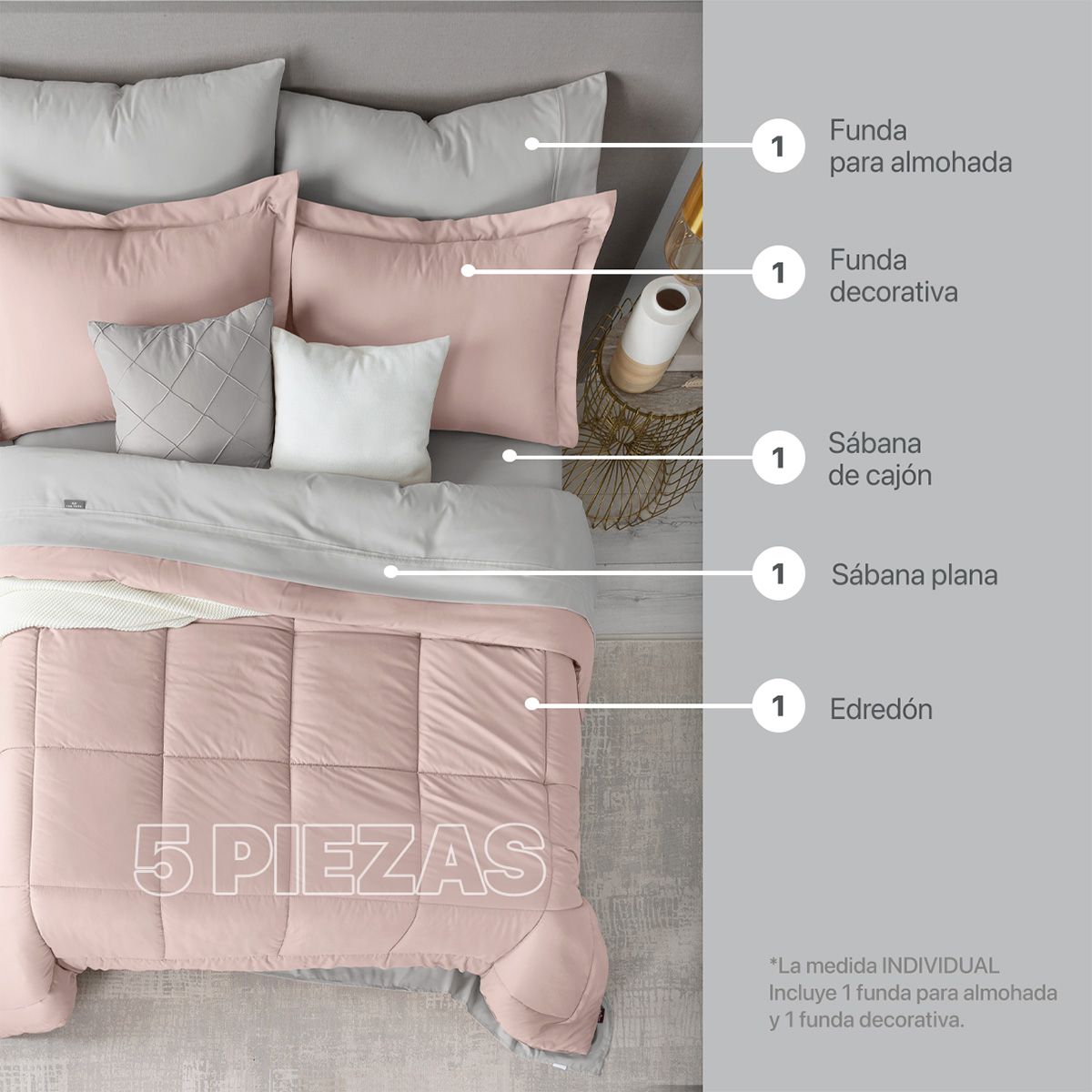 Set Edredón Individual con Fundas y Sábanas 5 Pzas Rosa / Gris Real Textil.