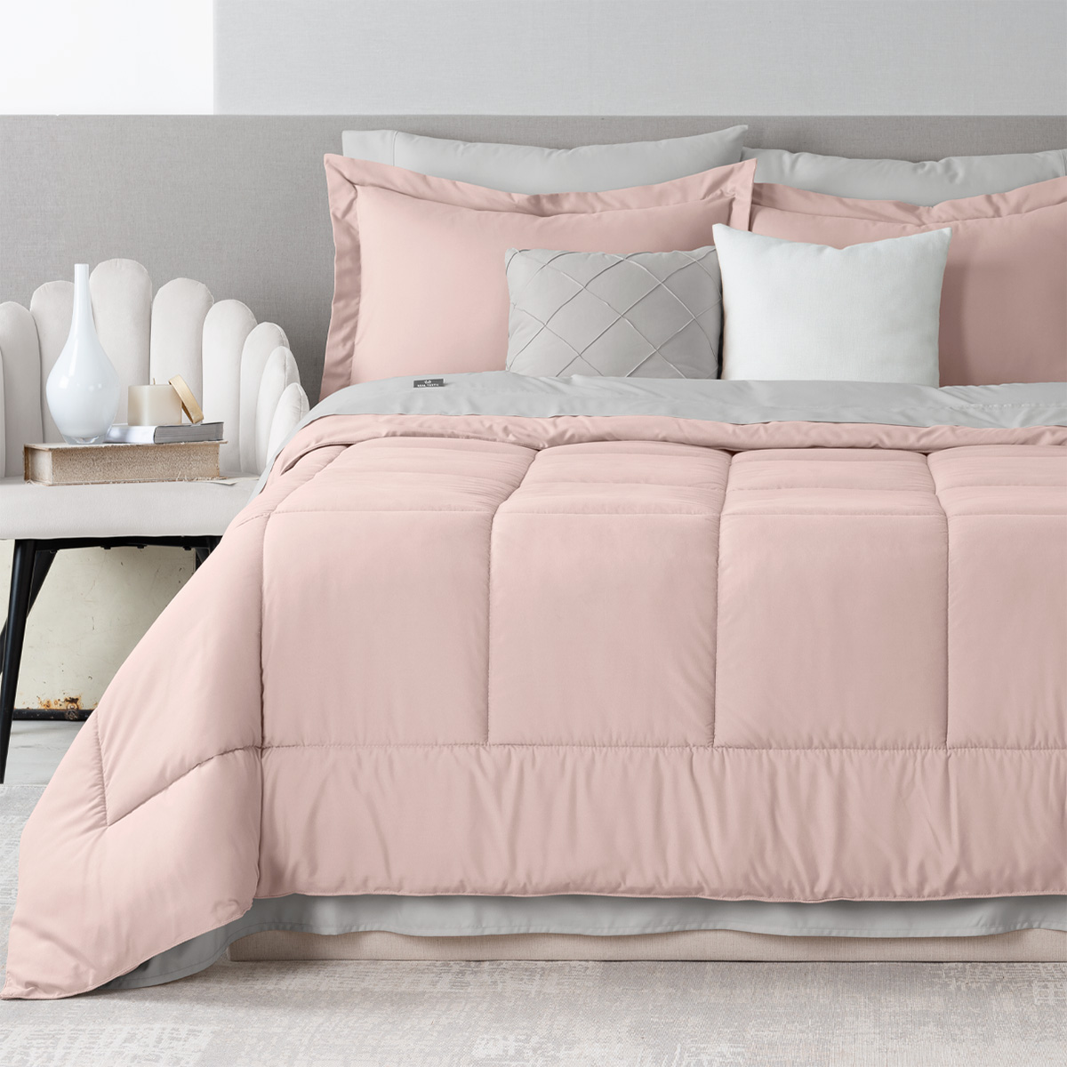 Set Edredón King Size con Fundas y Sábanas 7 Pzas Rosa / Gris Real Textil