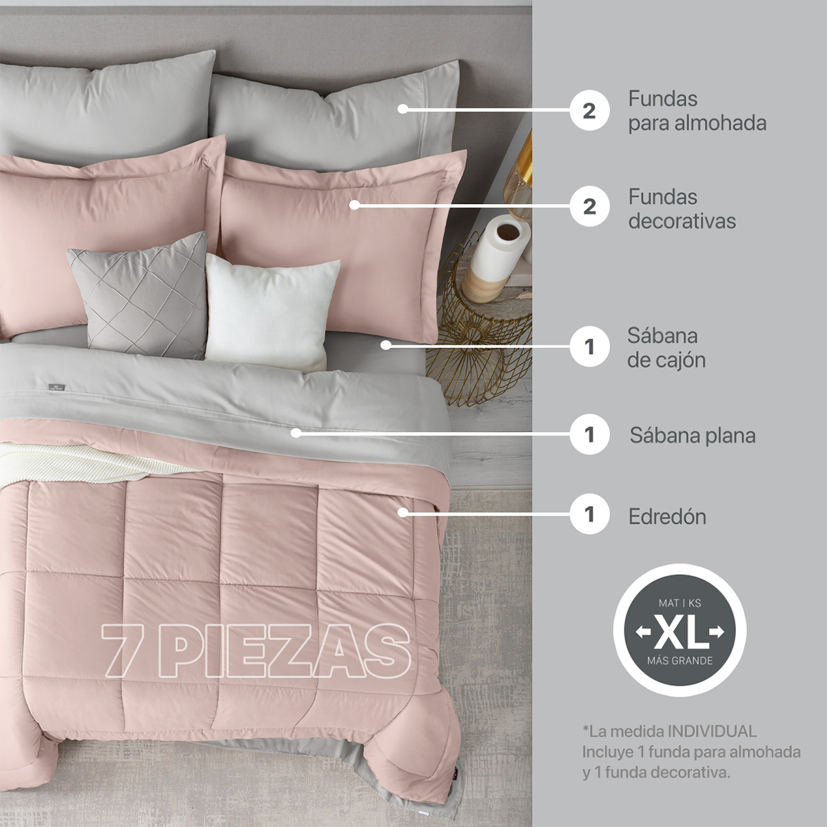 Set Edredón King Size con Fundas y Sábanas 7 Pzas Rosa / Gris Real Textil